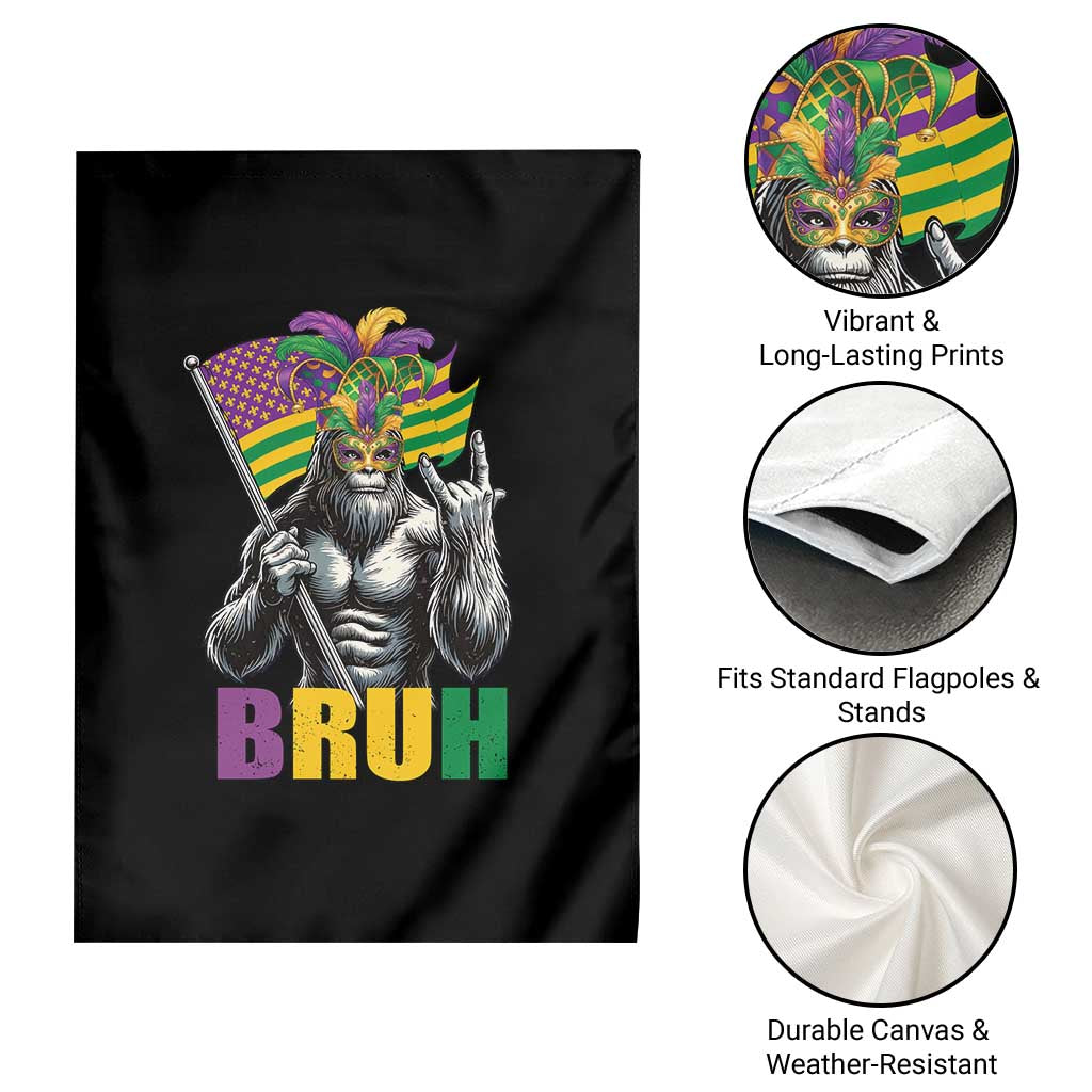 Funny Mardi Gras Bigfoot Bruh Garden Flag Sasquatch Carnival NOLA American Flag