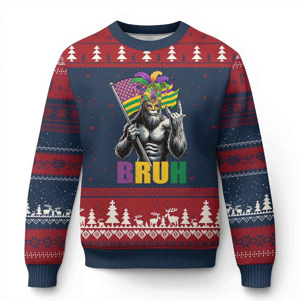 Funny Mardi Gras Bigfoot Bruh Ugly Christmas Sweater Sasquatch Carnival NOLA American Flag