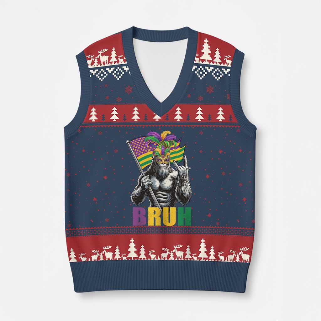 Funny Mardi Gras Bigfoot Bruh V-Neck Knit Sweater Vest Sasquatch Carnival NOLA American Flag