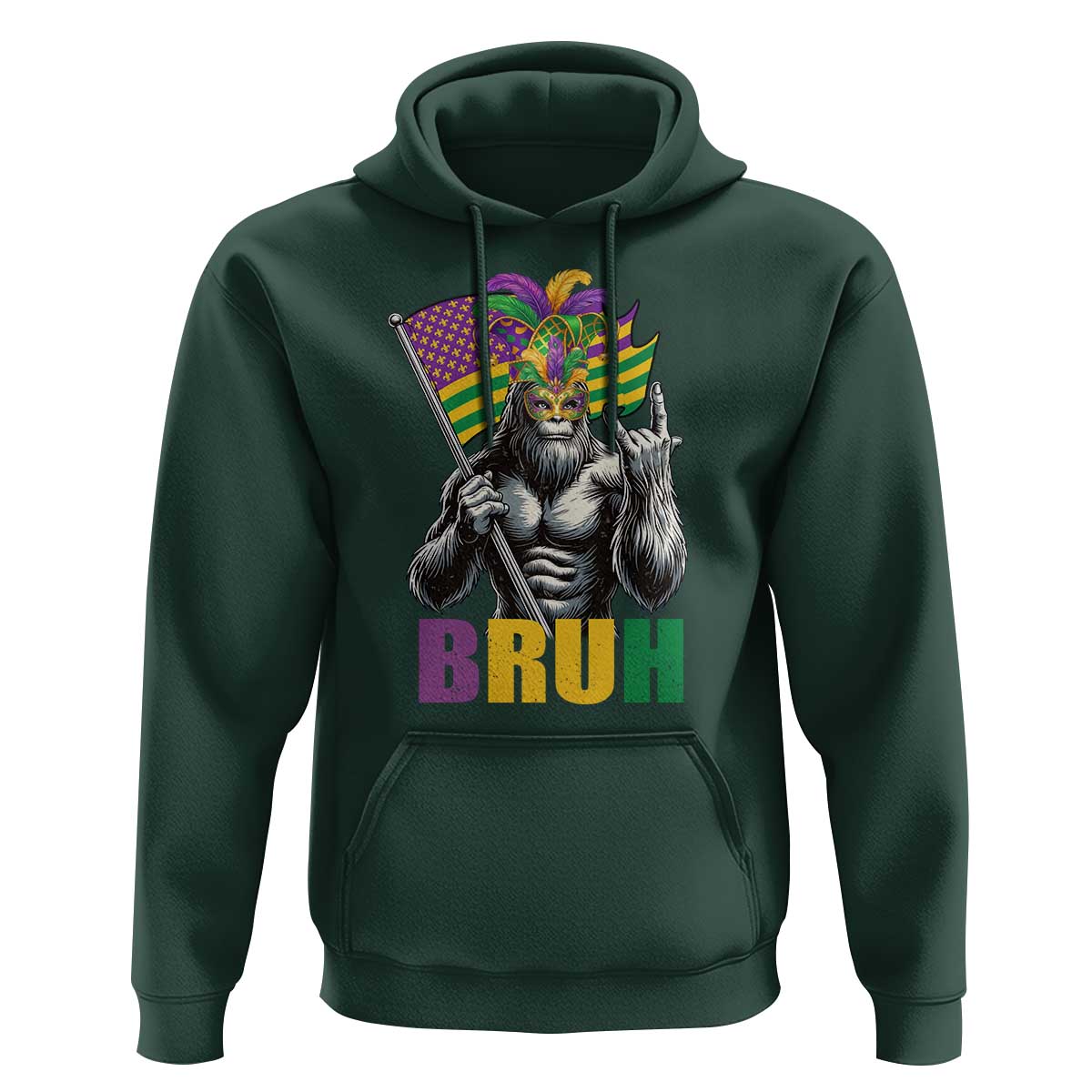 Funny Mardi Gras Bigfoot Bruh Hoodie Sasquatch Carnival NOLA American Flag