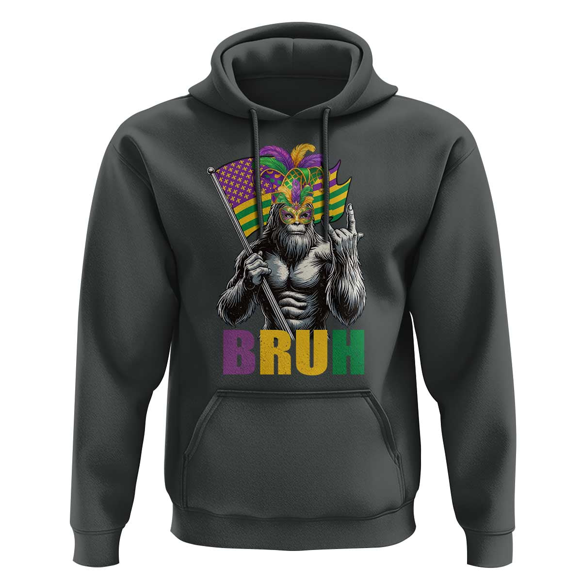 Funny Mardi Gras Bigfoot Bruh Hoodie Sasquatch Carnival NOLA American Flag