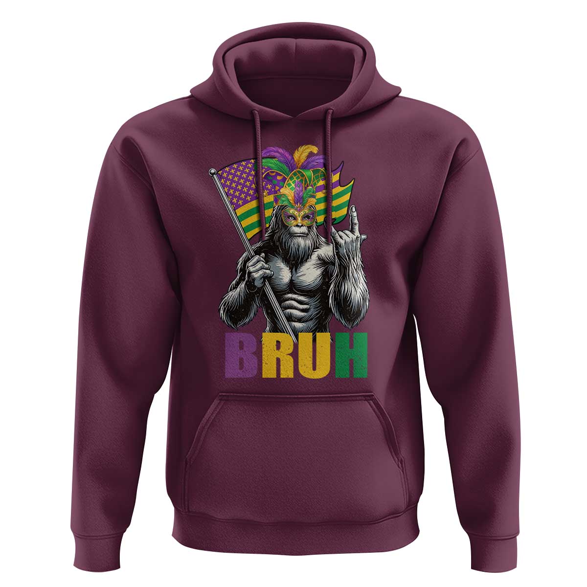 Funny Mardi Gras Bigfoot Bruh Hoodie Sasquatch Carnival NOLA American Flag