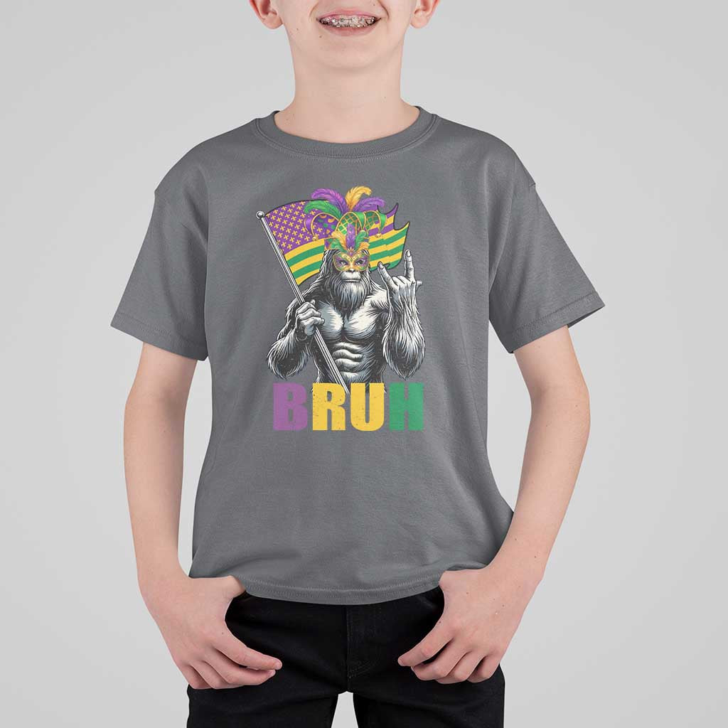 Funny Mardi Gras Bigfoot Bruh T Shirt For Kid Sasquatch Carnival NOLA American Flag