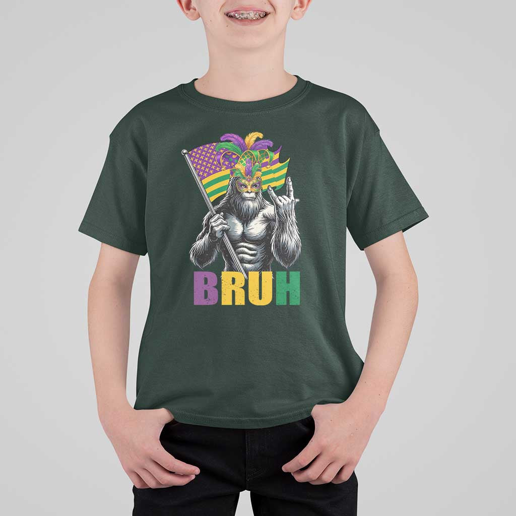Funny Mardi Gras Bigfoot Bruh T Shirt For Kid Sasquatch Carnival NOLA American Flag