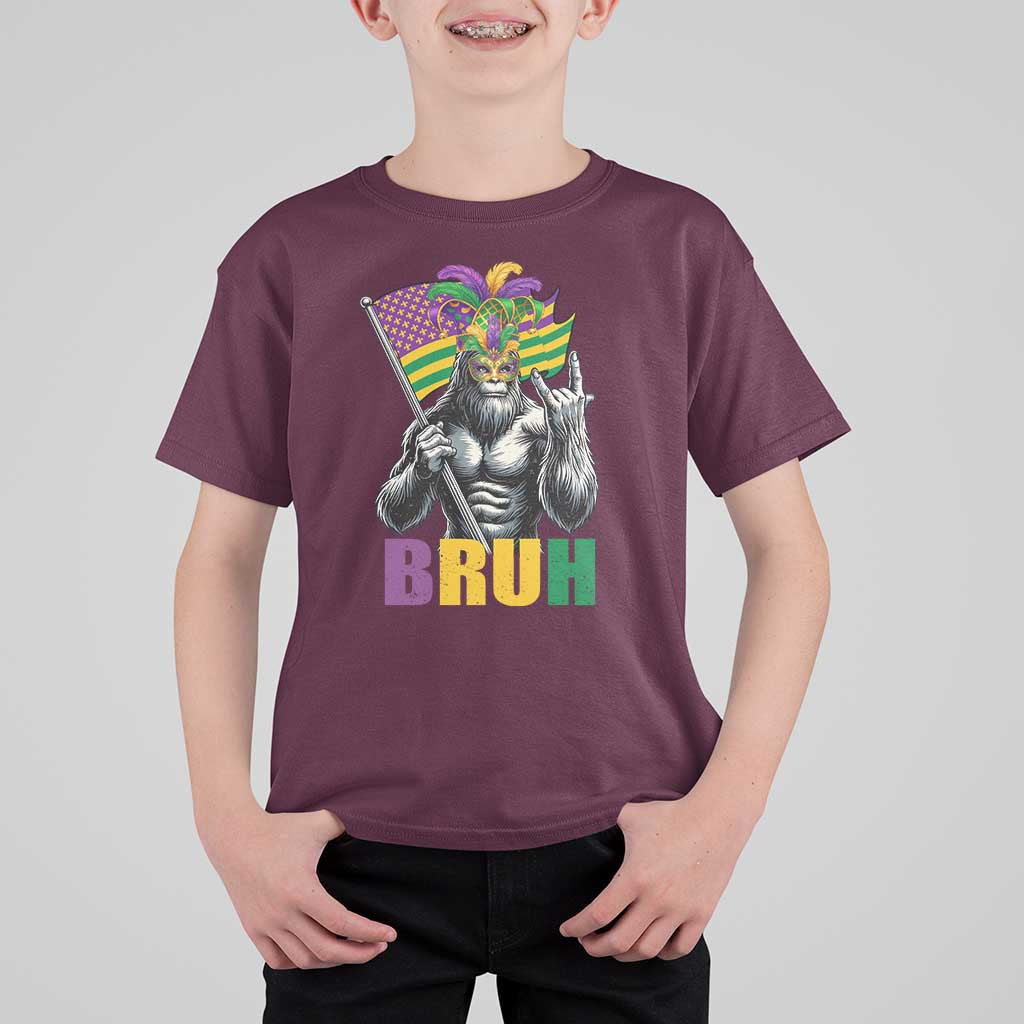 Funny Mardi Gras Bigfoot Bruh T Shirt For Kid Sasquatch Carnival NOLA American Flag