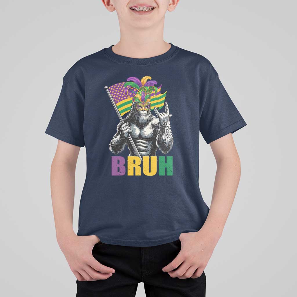 Funny Mardi Gras Bigfoot Bruh T Shirt For Kid Sasquatch Carnival NOLA American Flag