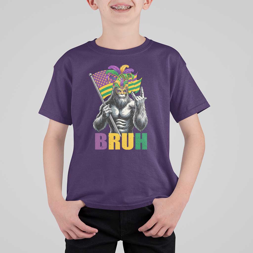 Funny Mardi Gras Bigfoot Bruh T Shirt For Kid Sasquatch Carnival NOLA American Flag