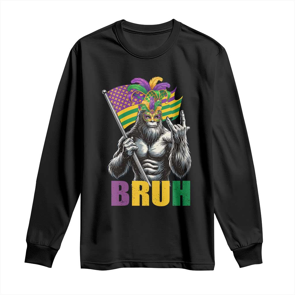 Funny Mardi Gras Bigfoot Bruh Long Sleeve Shirt Sasquatch Carnival NOLA American Flag