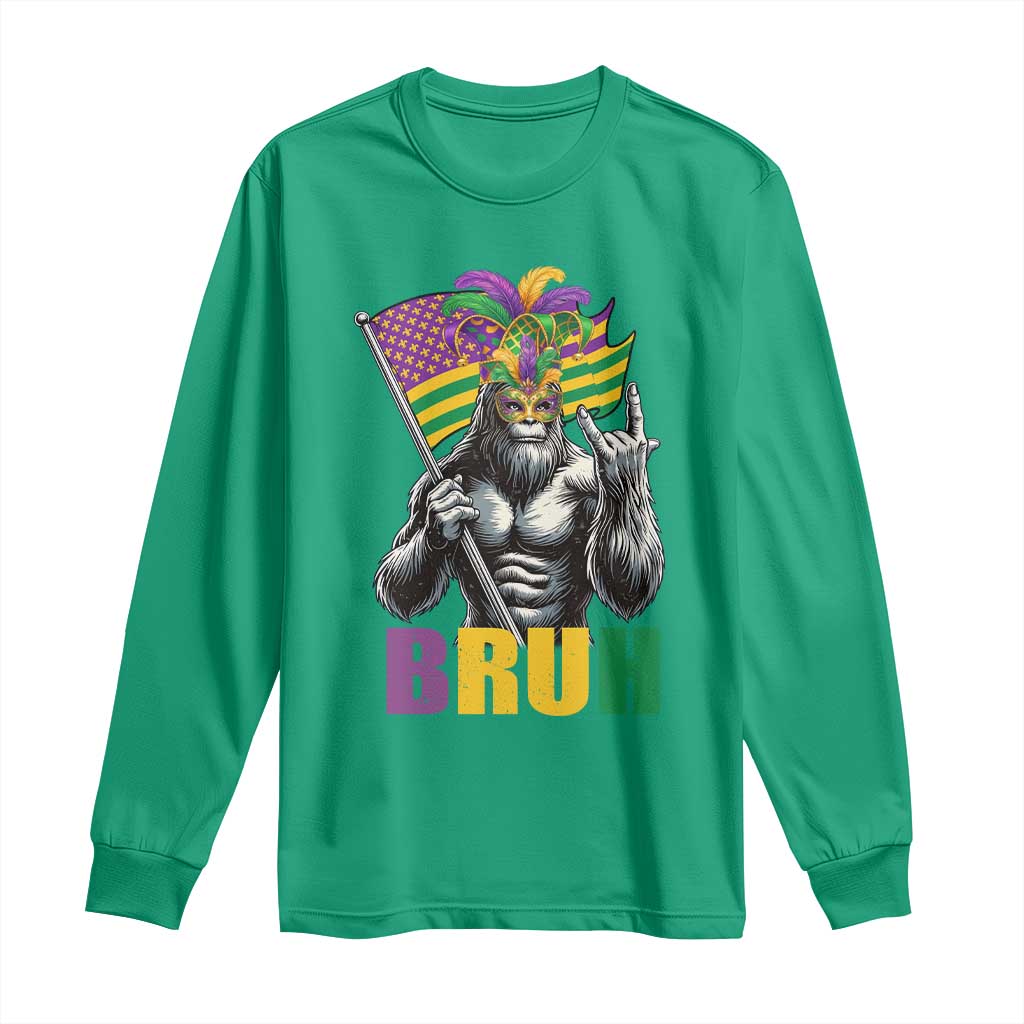 Funny Mardi Gras Bigfoot Bruh Long Sleeve Shirt Sasquatch Carnival NOLA American Flag