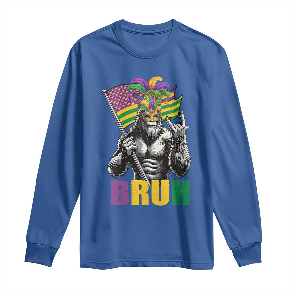 Funny Mardi Gras Bigfoot Bruh Long Sleeve Shirt Sasquatch Carnival NOLA American Flag