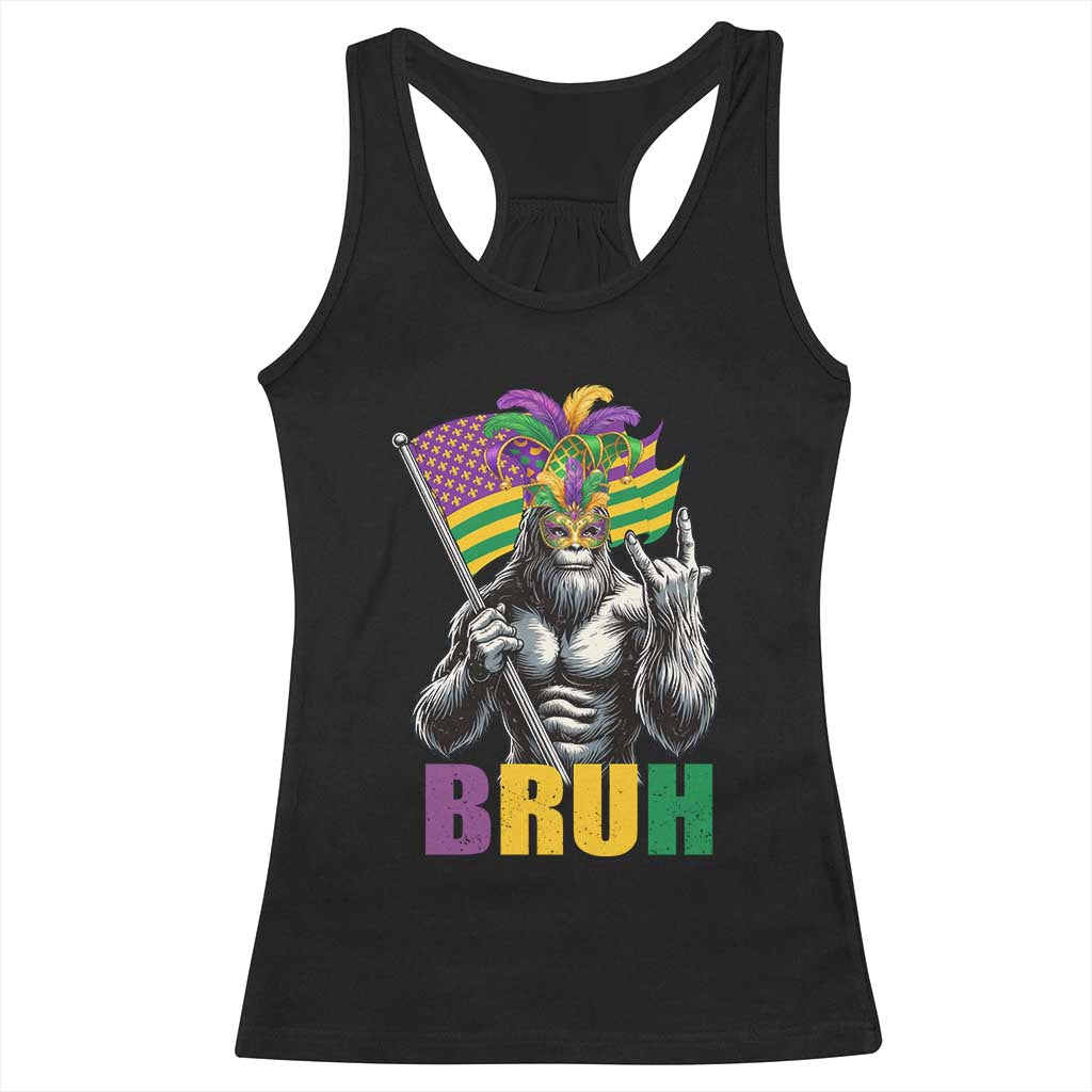 Funny Mardi Gras Bigfoot Bruh Racerback Tank Top Sasquatch Carnival NOLA American Flag