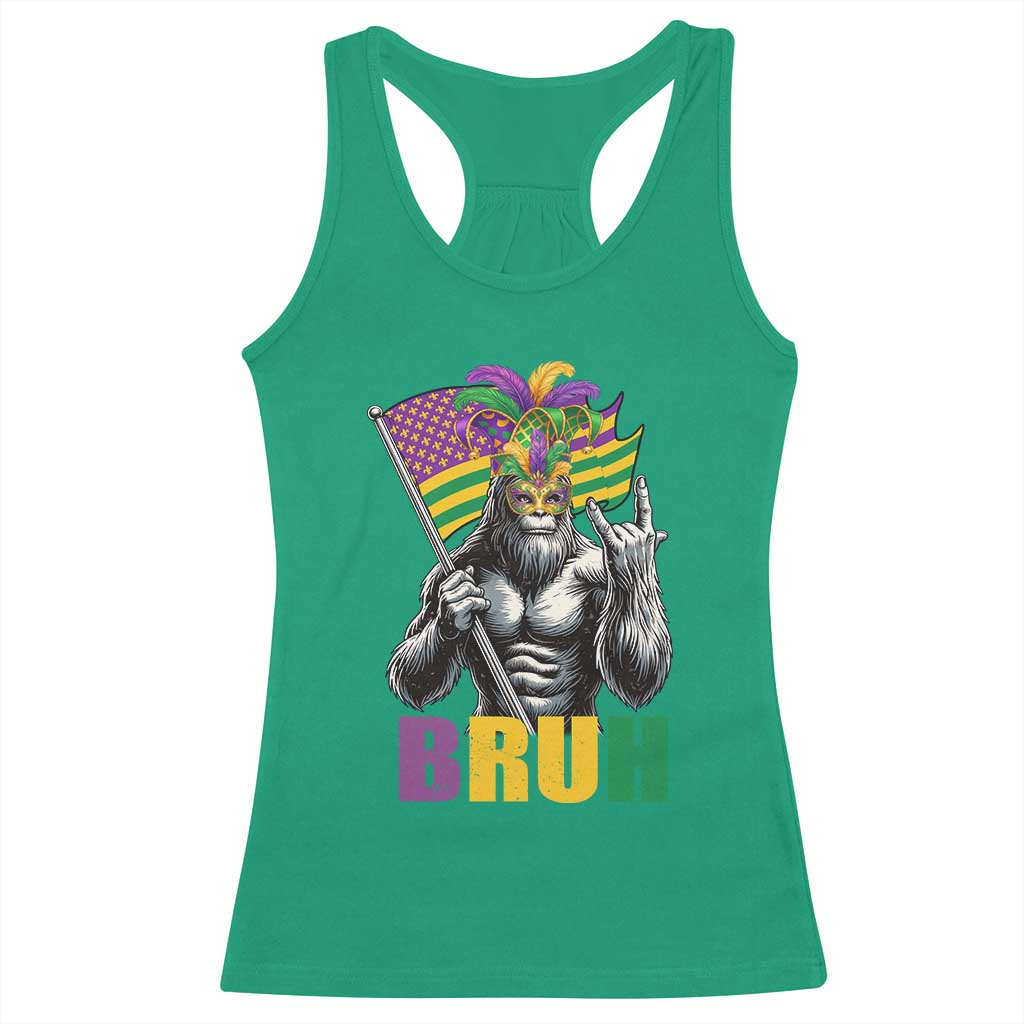 Funny Mardi Gras Bigfoot Bruh Racerback Tank Top Sasquatch Carnival NOLA American Flag