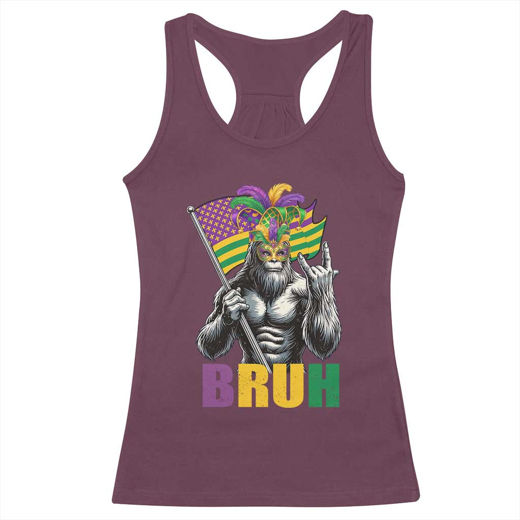 Funny Mardi Gras Bigfoot Bruh Racerback Tank Top Sasquatch Carnival NOLA American Flag