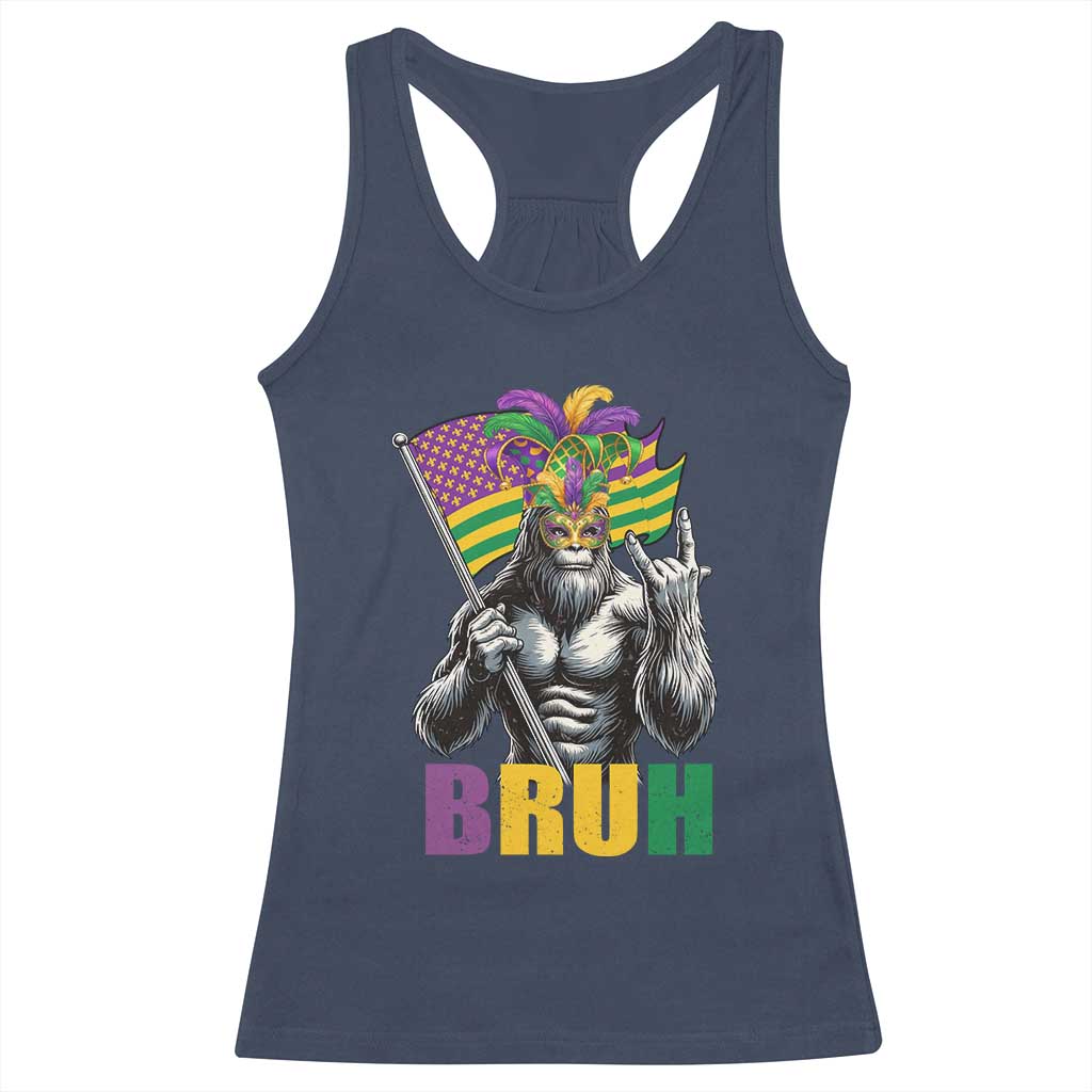 Funny Mardi Gras Bigfoot Bruh Racerback Tank Top Sasquatch Carnival NOLA American Flag