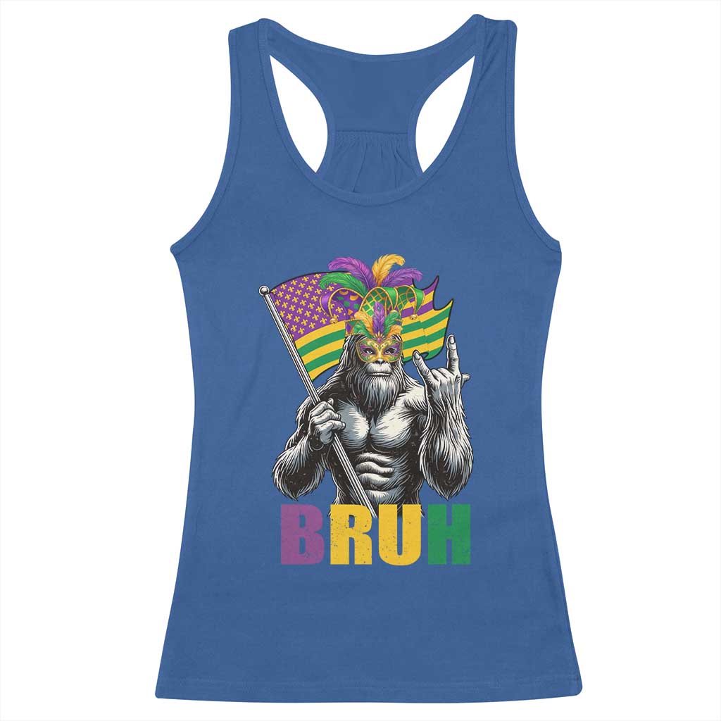 Funny Mardi Gras Bigfoot Bruh Racerback Tank Top Sasquatch Carnival NOLA American Flag