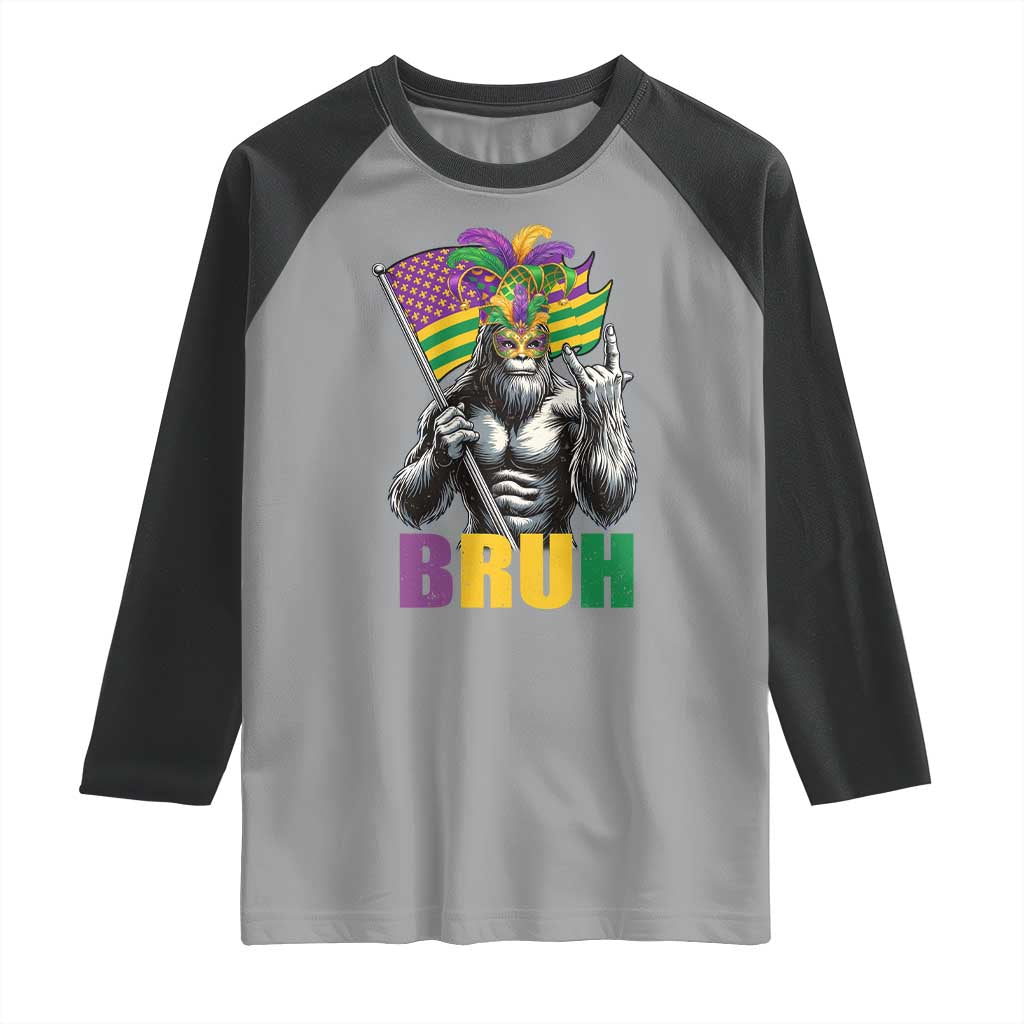 Funny Mardi Gras Bigfoot Bruh Raglan Shirt Sasquatch Carnival NOLA American Flag