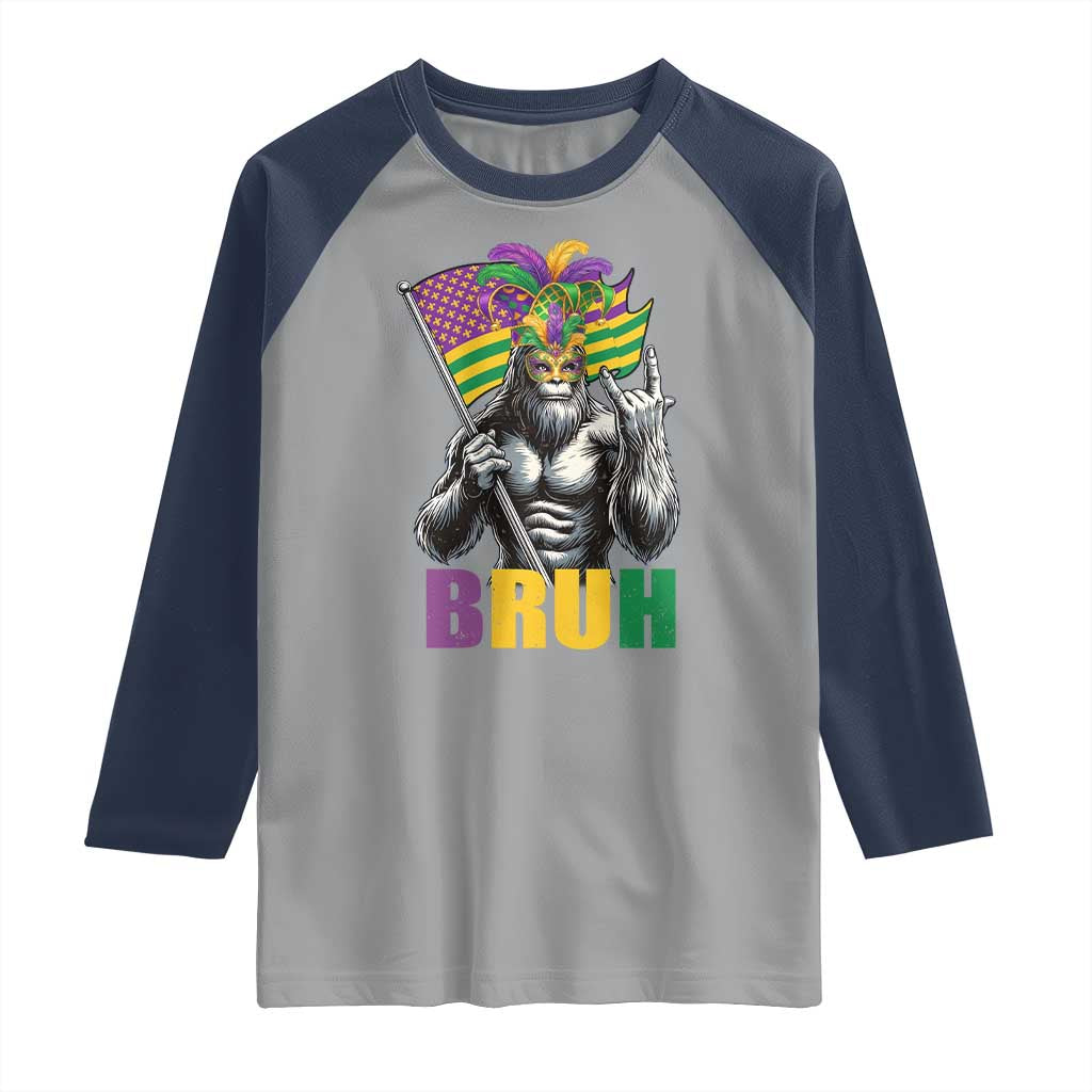 Funny Mardi Gras Bigfoot Bruh Raglan Shirt Sasquatch Carnival NOLA American Flag