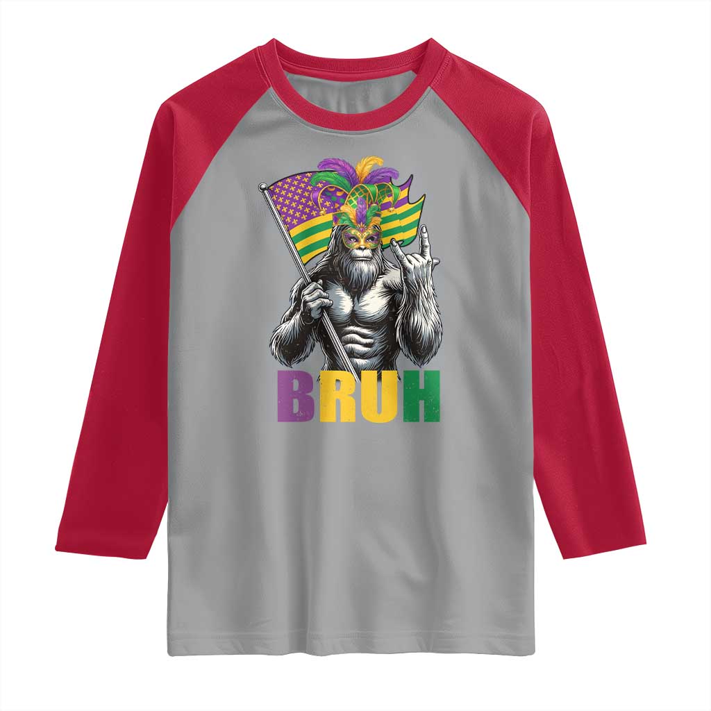Funny Mardi Gras Bigfoot Bruh Raglan Shirt Sasquatch Carnival NOLA American Flag