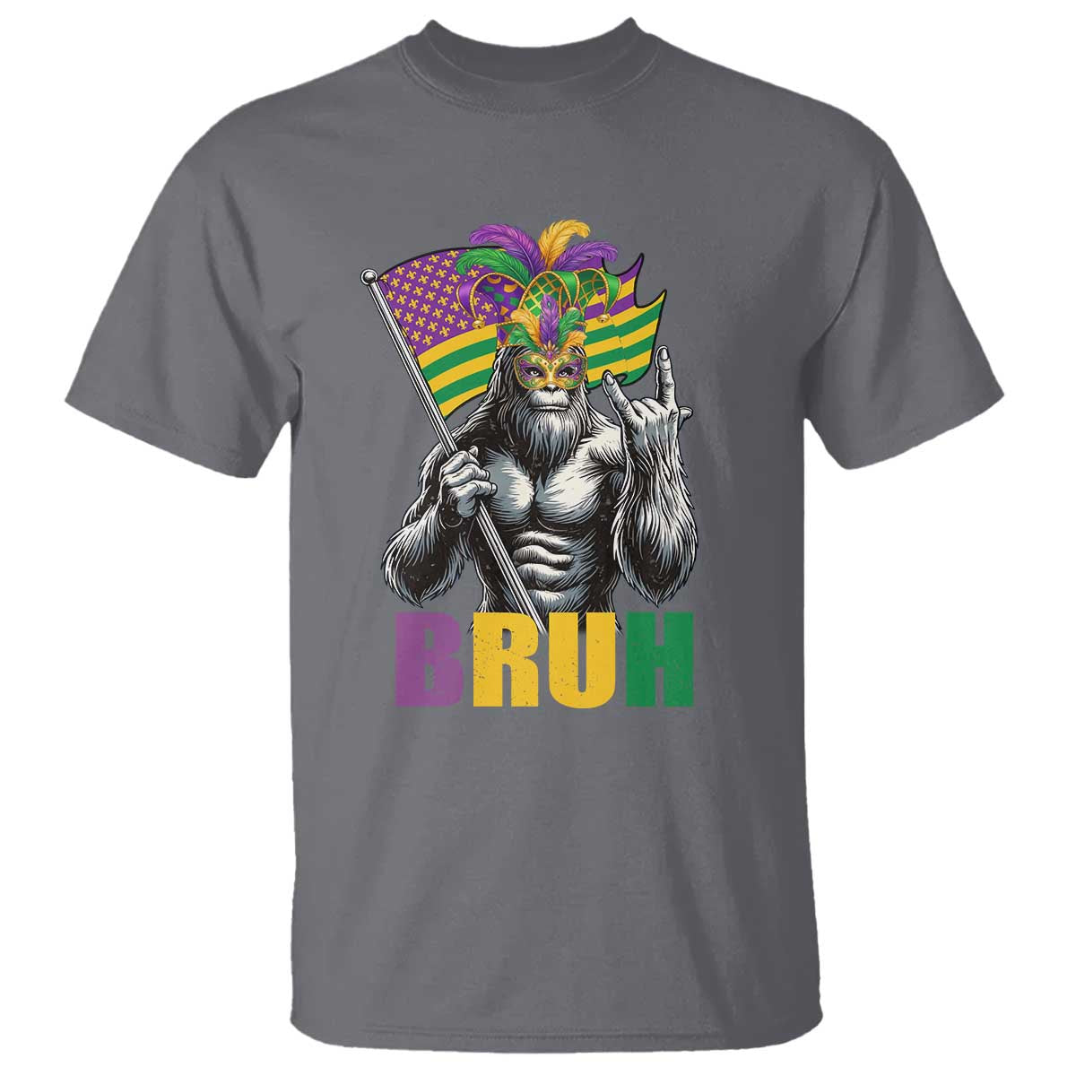 Funny Mardi Gras Bigfoot Bruh T Shirt Sasquatch Carnival NOLA American Flag