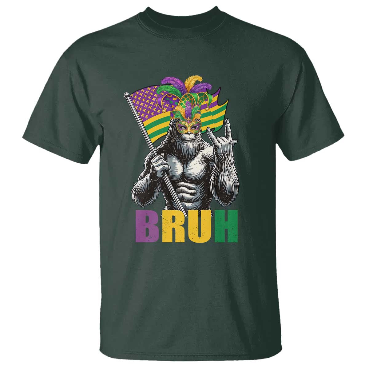 Funny Mardi Gras Bigfoot Bruh T Shirt Sasquatch Carnival NOLA American Flag