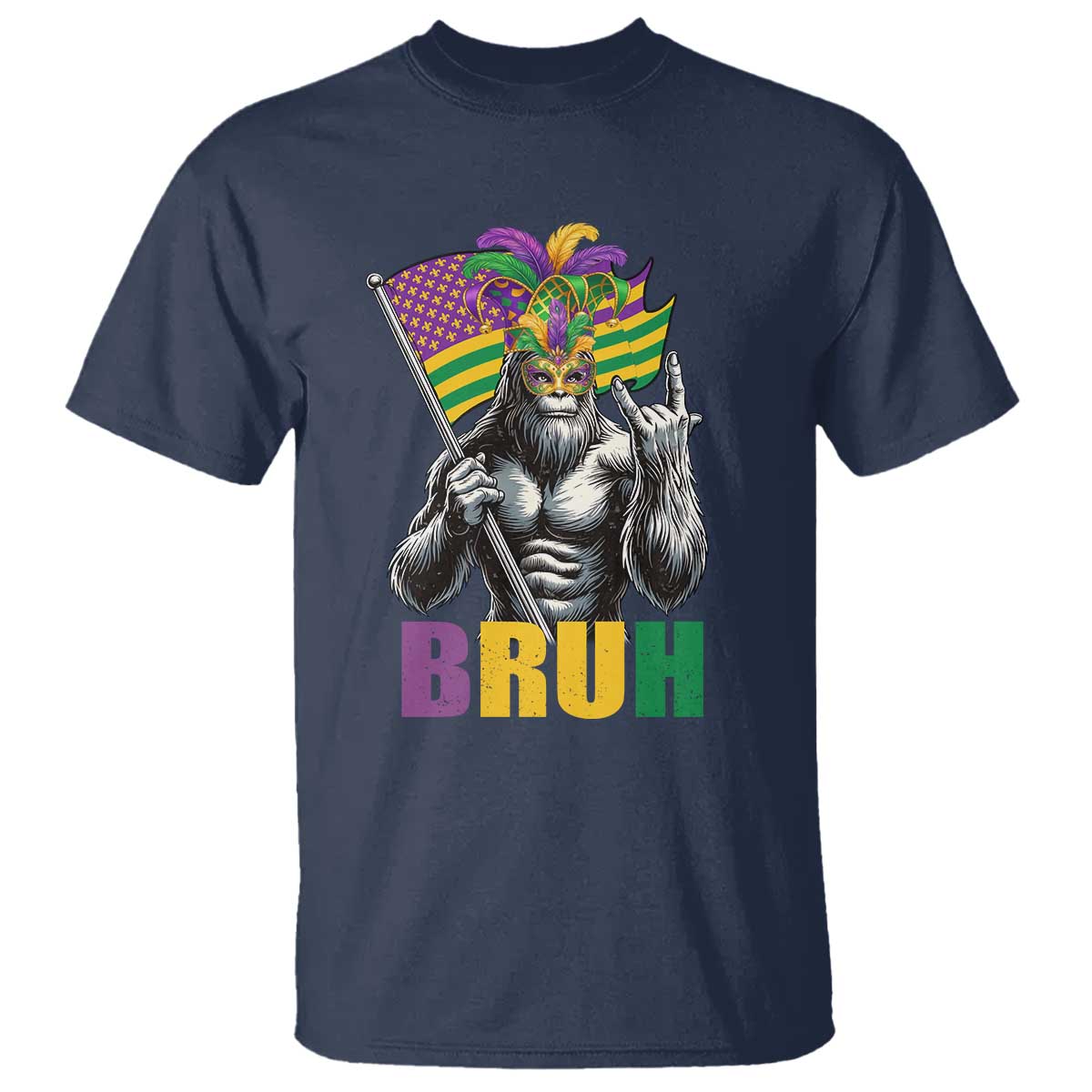 Funny Mardi Gras Bigfoot Bruh T Shirt Sasquatch Carnival NOLA American Flag