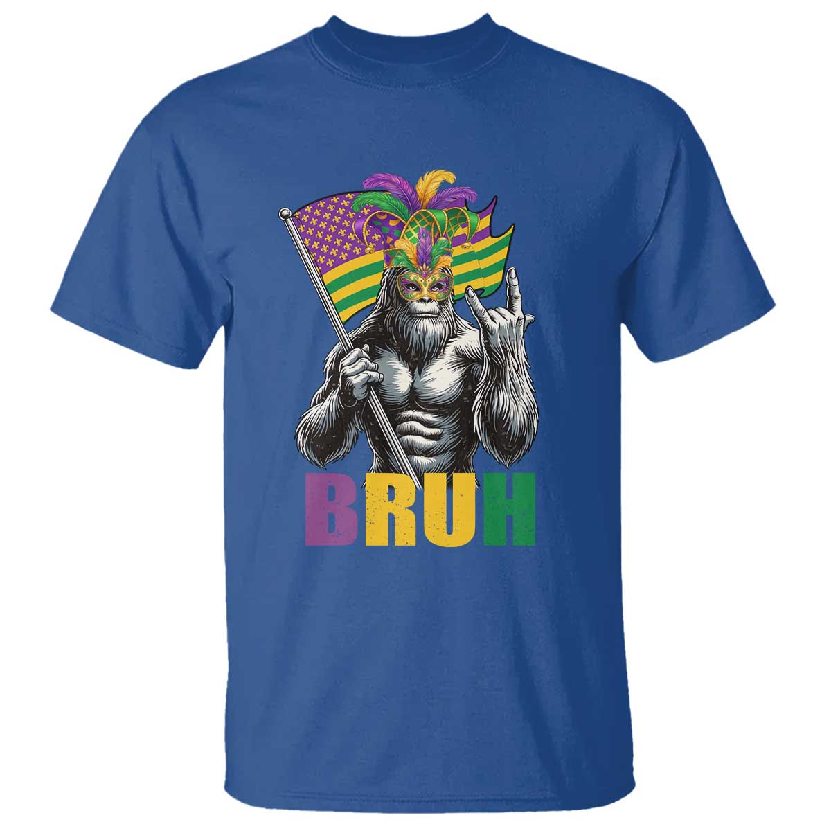 Funny Mardi Gras Bigfoot Bruh T Shirt Sasquatch Carnival NOLA American Flag