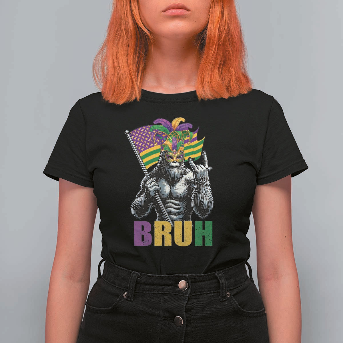 Funny Mardi Gras Bigfoot Bruh T Shirt For Women Sasquatch Carnival NOLA American Flag