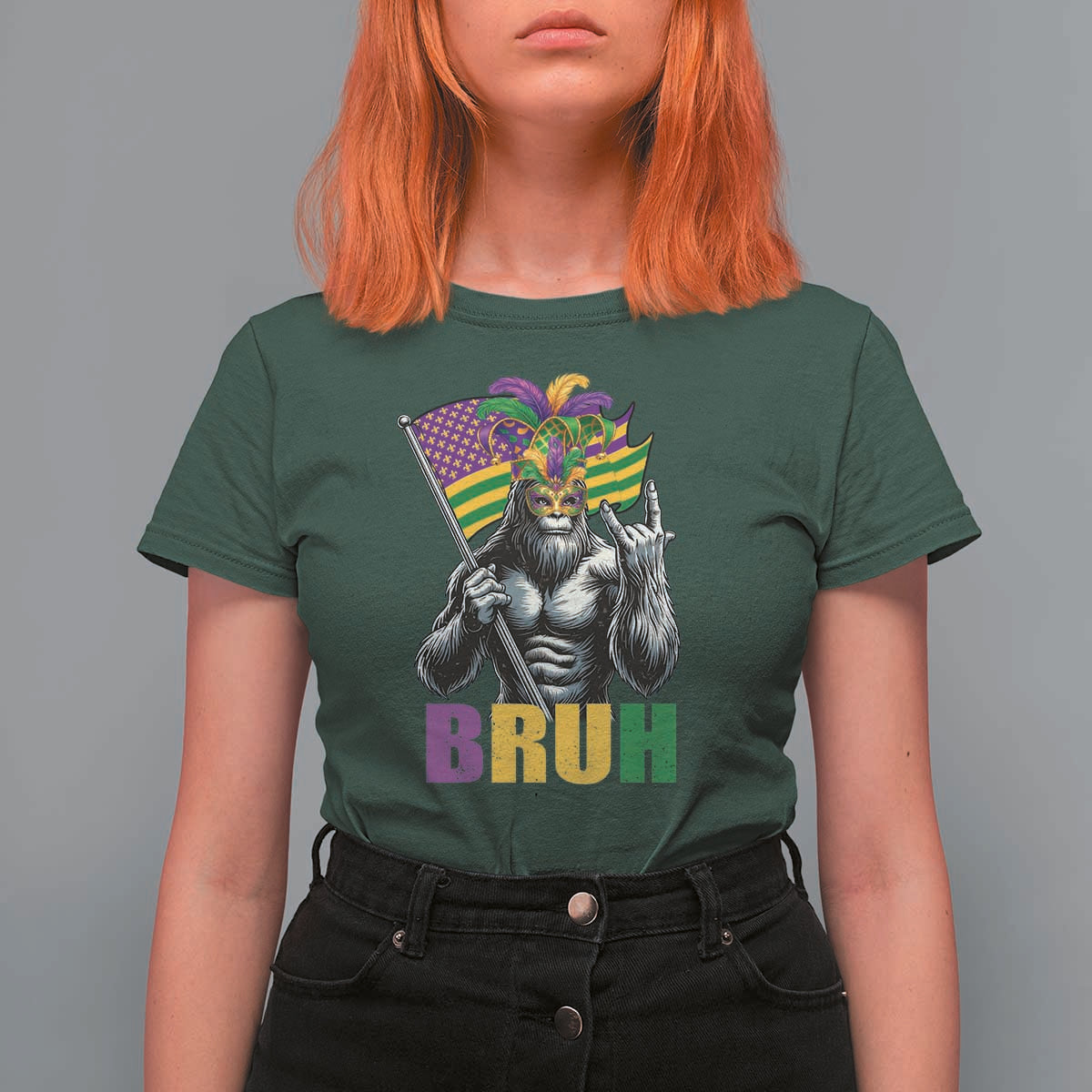 Funny Mardi Gras Bigfoot Bruh T Shirt For Women Sasquatch Carnival NOLA American Flag