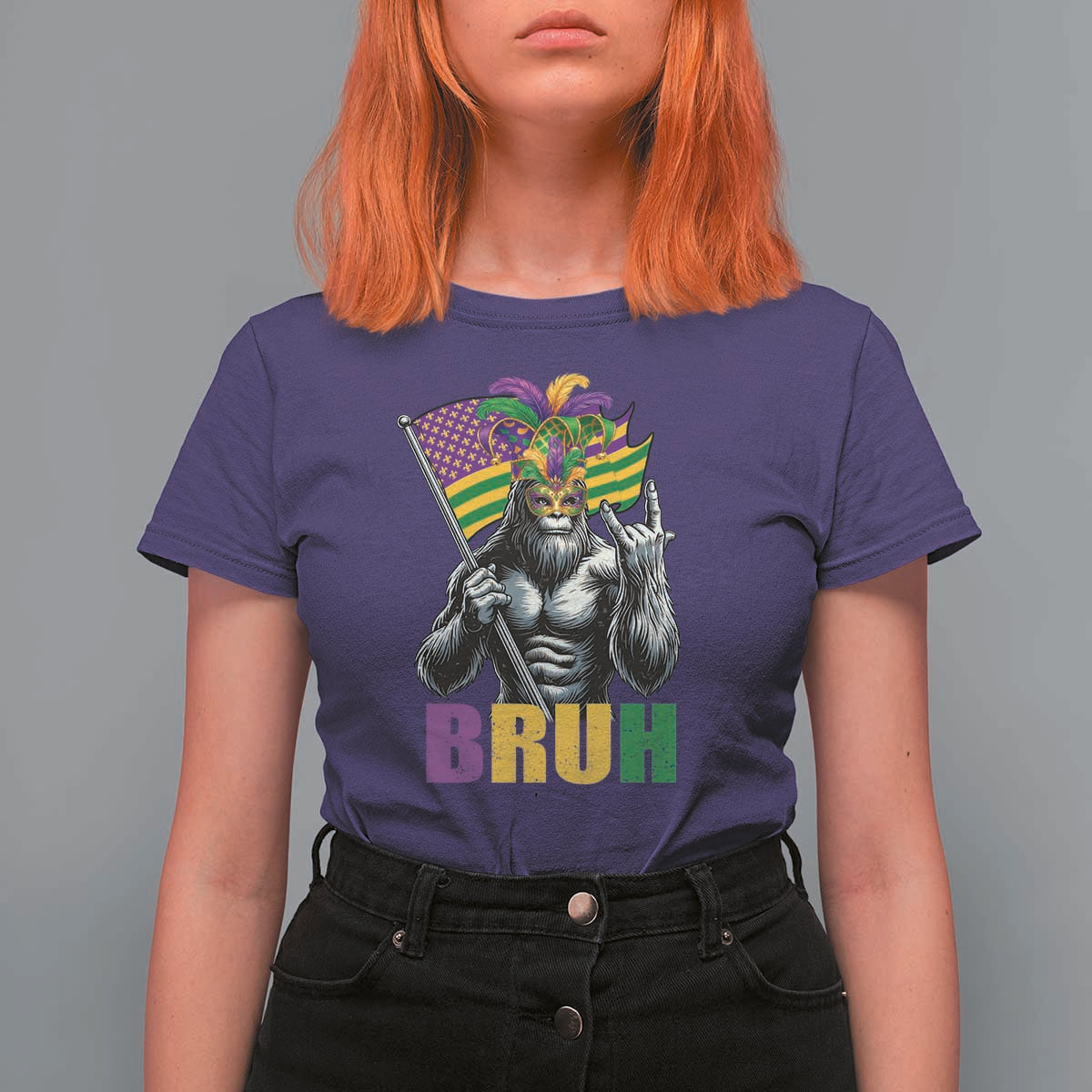 Funny Mardi Gras Bigfoot Bruh T Shirt For Women Sasquatch Carnival NOLA American Flag