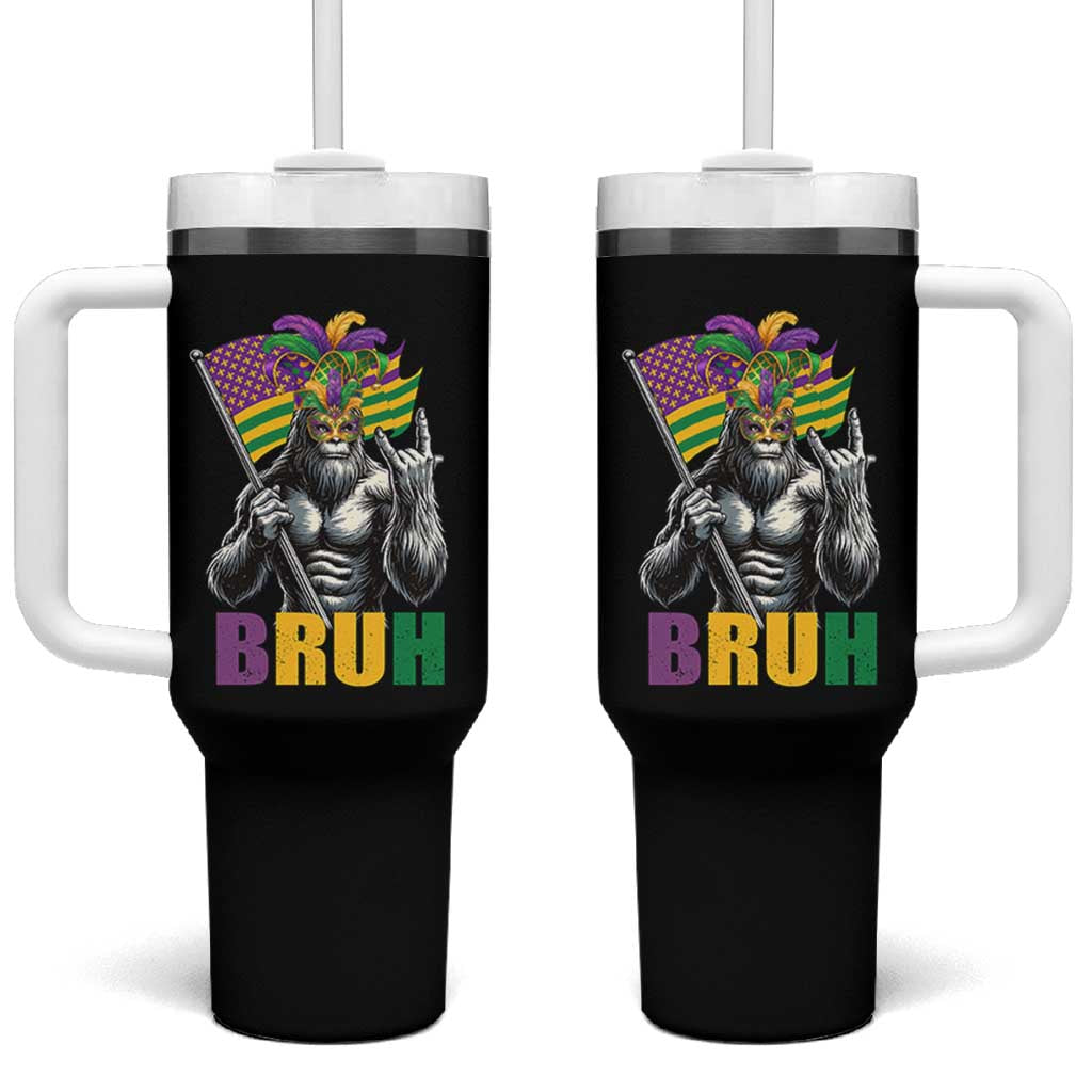 Funny Mardi Gras Bigfoot Bruh Tumbler With Handle Sasquatch Carnival NOLA American Flag