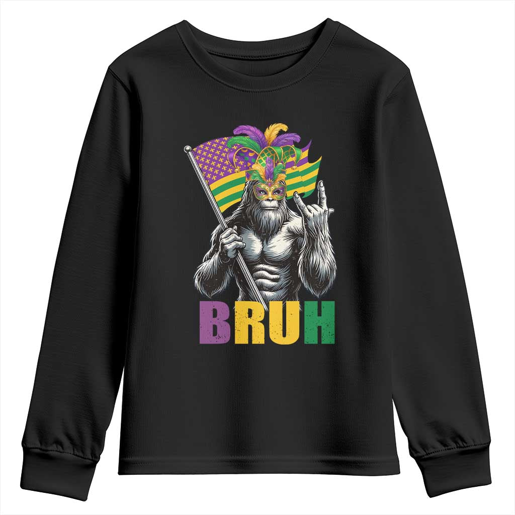 Funny Mardi Gras Bigfoot Bruh Youth Sweatshirt Sasquatch Carnival NOLA American Flag