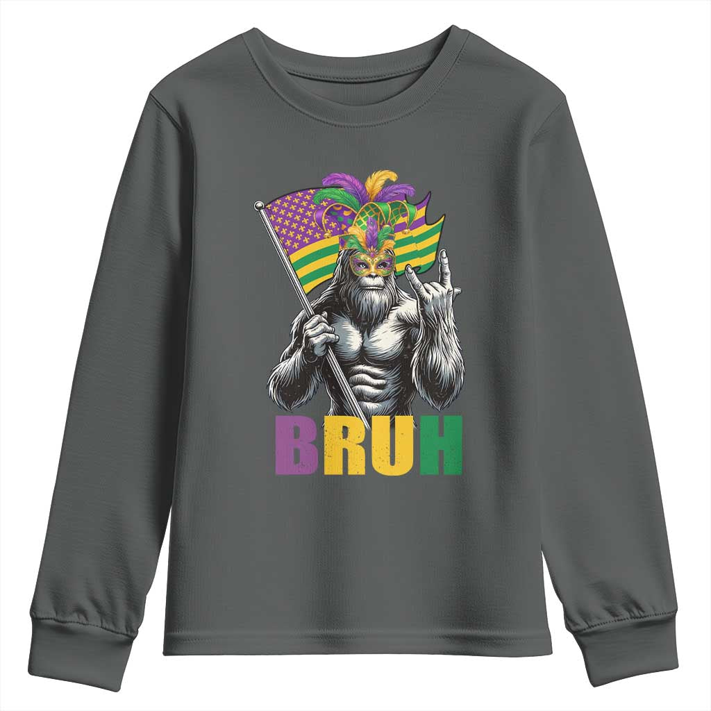 Funny Mardi Gras Bigfoot Bruh Youth Sweatshirt Sasquatch Carnival NOLA American Flag