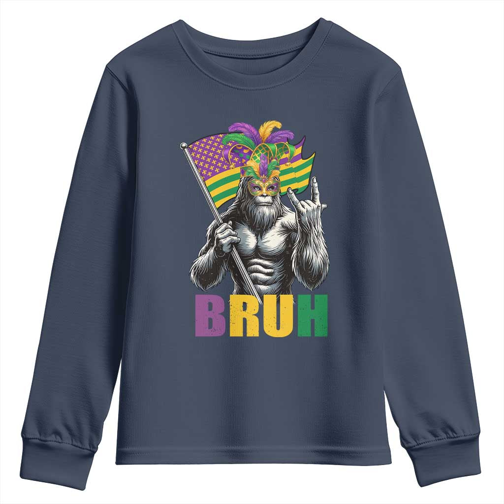 Funny Mardi Gras Bigfoot Bruh Youth Sweatshirt Sasquatch Carnival NOLA American Flag