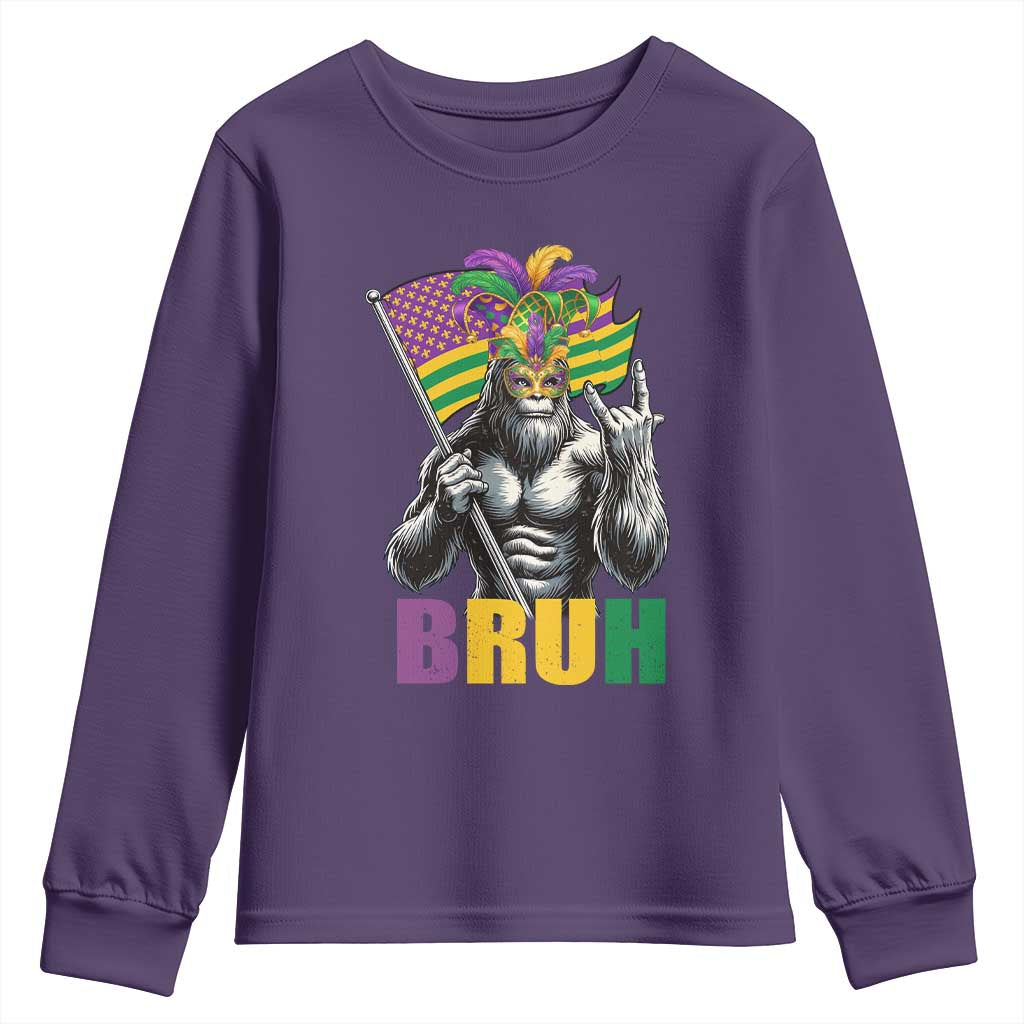 Funny Mardi Gras Bigfoot Bruh Youth Sweatshirt Sasquatch Carnival NOLA American Flag