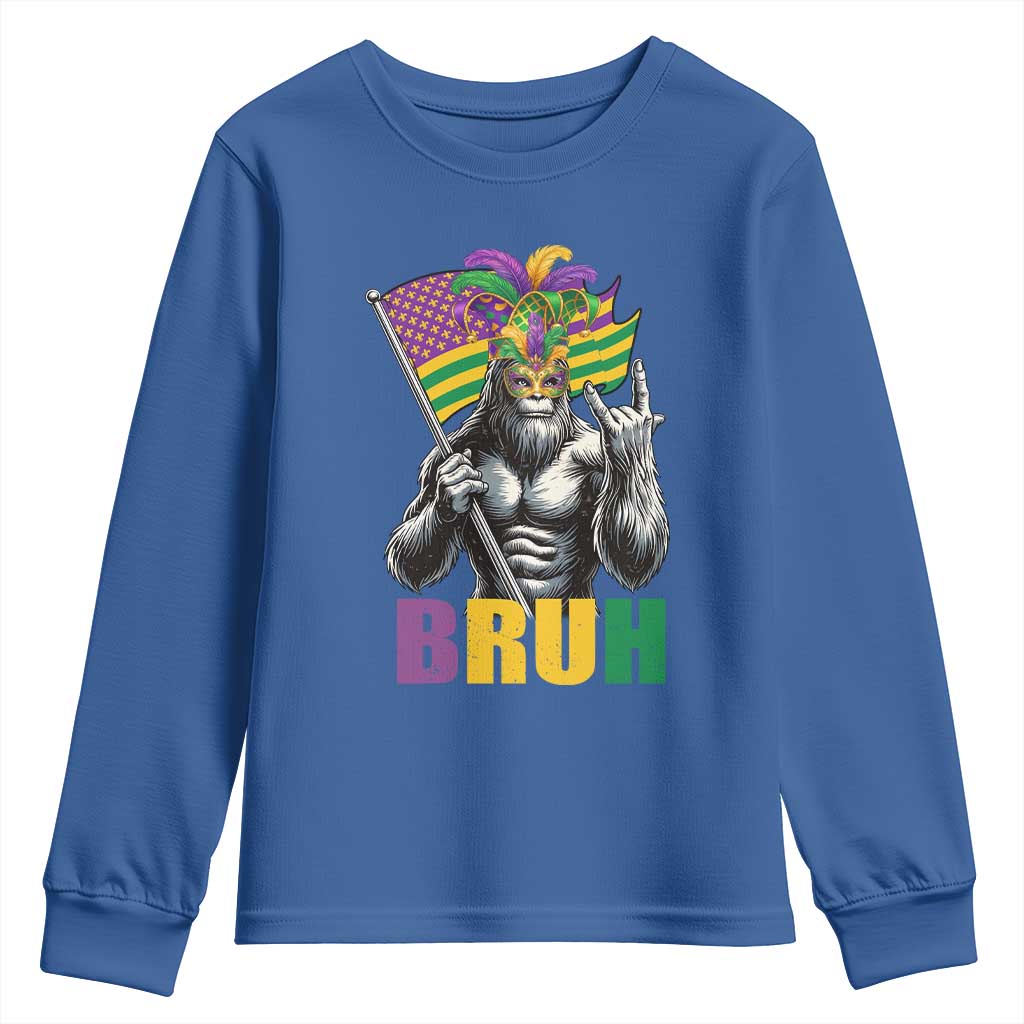 Funny Mardi Gras Bigfoot Bruh Youth Sweatshirt Sasquatch Carnival NOLA American Flag
