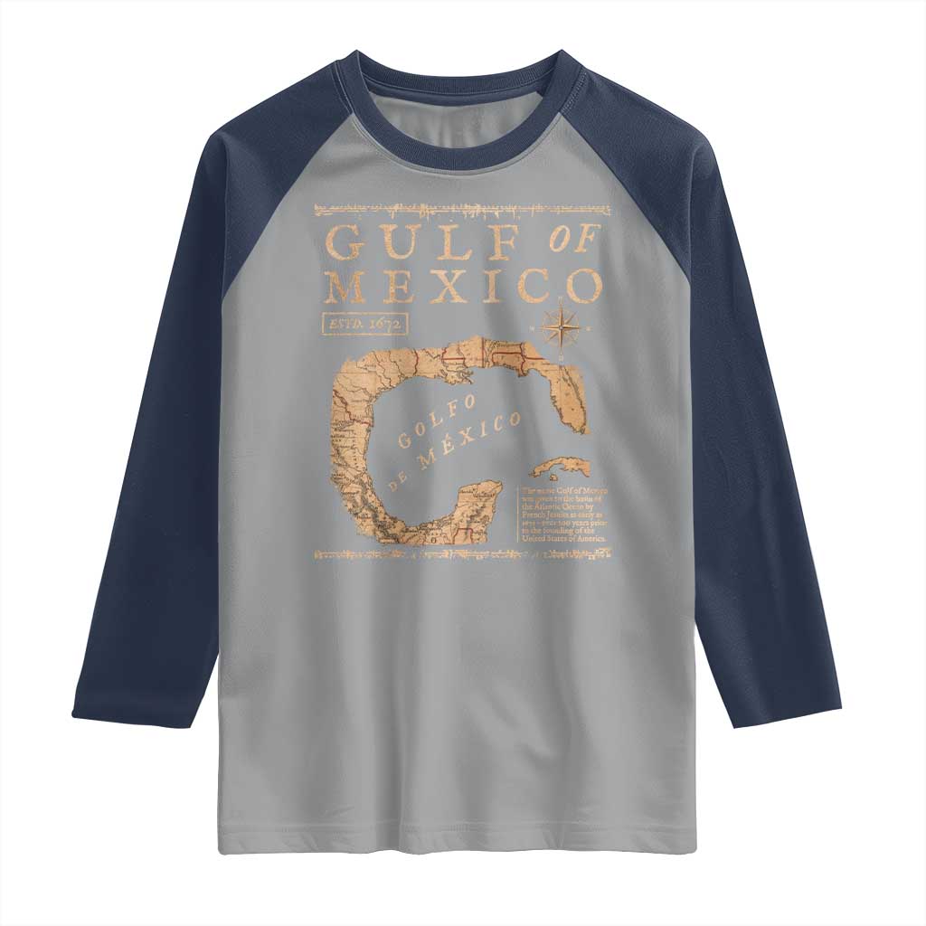 Gulf Of Mexico ESTD 1672 Raglan Shirt Vintage Map