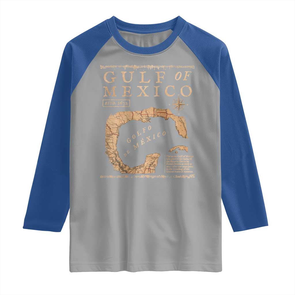 Gulf Of Mexico ESTD 1672 Raglan Shirt Vintage Map