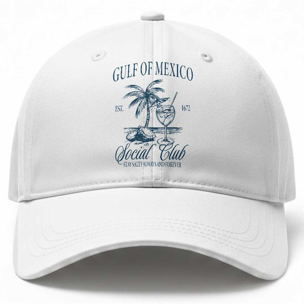 Funny Gulf Of Mexico Social Club Stay Salty Always And Forever Baseball Cap Coconut Tree Cocktail