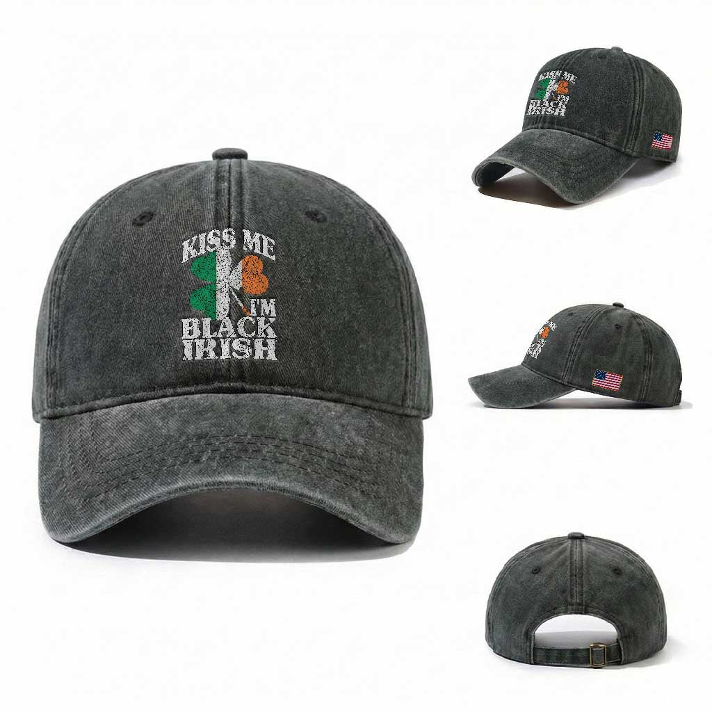 Funny Kiss Me I'm Black Irish Washed Cotton Baseball Cap St Patrick's Day Vintage Shamrock
