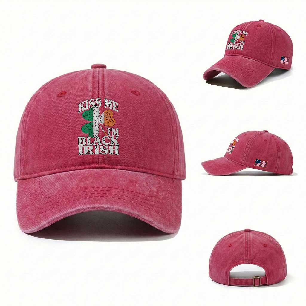 Funny Kiss Me I'm Black Irish Washed Cotton Baseball Cap St Patrick's Day Vintage Shamrock