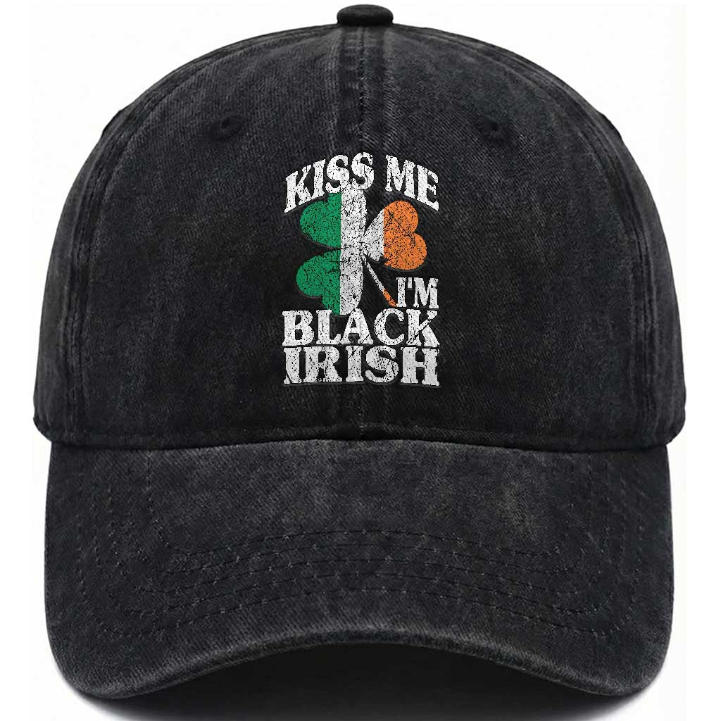 Funny Kiss Me I'm Black Irish Washed Cotton Baseball Cap St Patrick's Day Vintage Shamrock