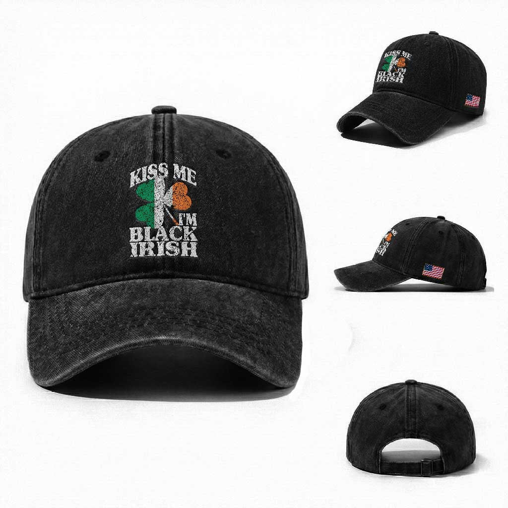 Funny Kiss Me I'm Black Irish Washed Cotton Baseball Cap St Patrick's Day Vintage Shamrock