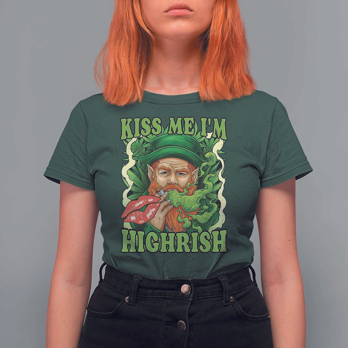 Funny St Patrick's Day Cannabis Weed T Shirt For Women Kiss Me I'm Highrish Leprechaun