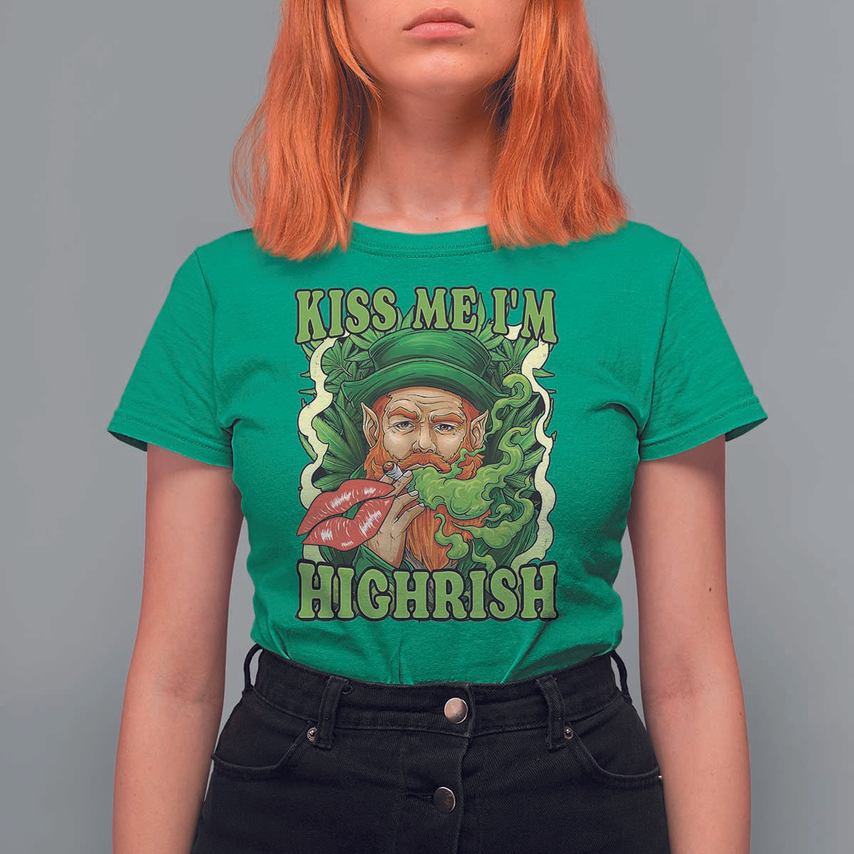 Funny St Patrick's Day Cannabis Weed T Shirt For Women Kiss Me I'm Highrish Leprechaun