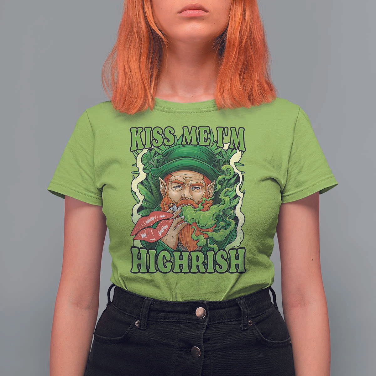 Funny St Patrick's Day Cannabis Weed T Shirt For Women Kiss Me I'm Highrish Leprechaun