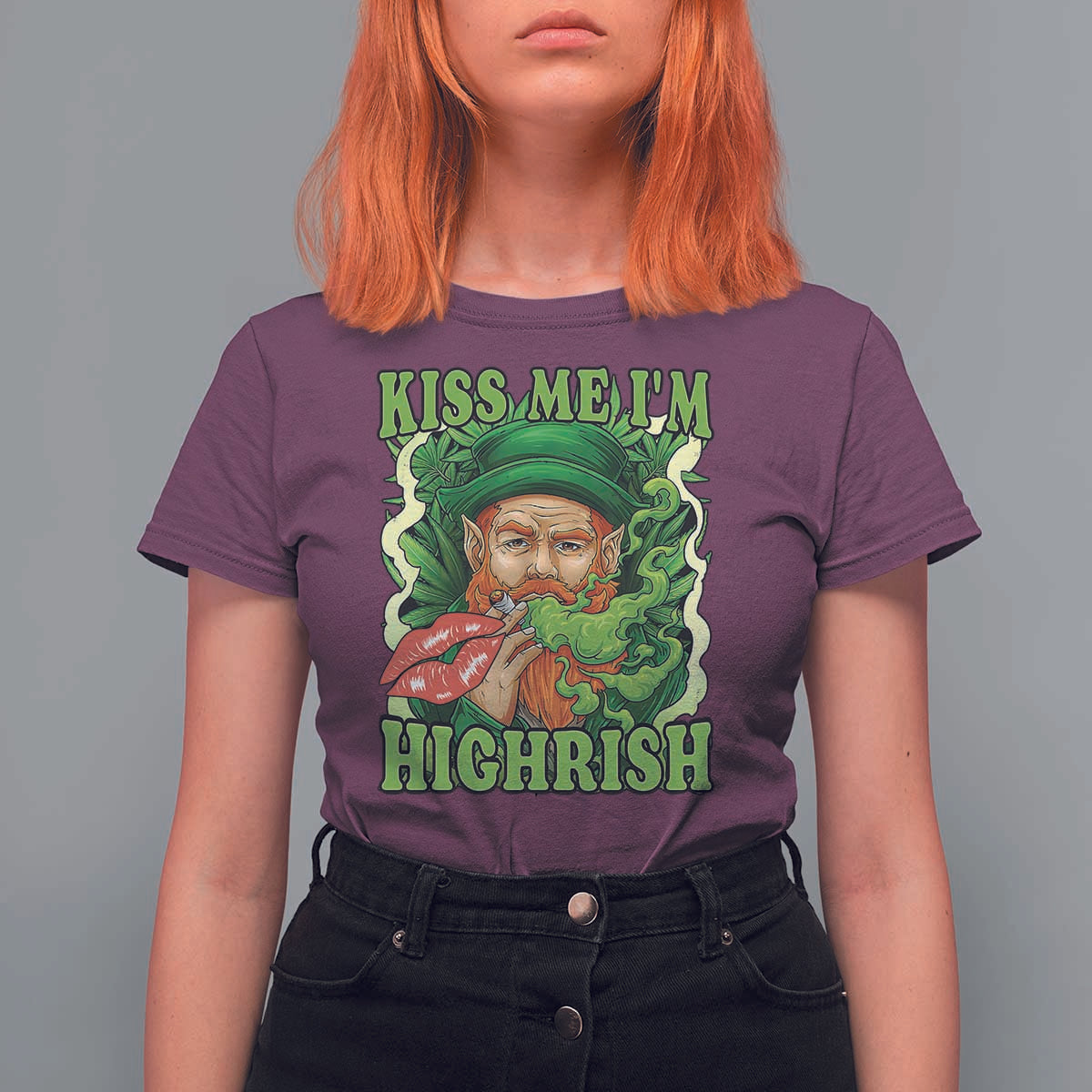 Funny St Patrick's Day Cannabis Weed T Shirt For Women Kiss Me I'm Highrish Leprechaun