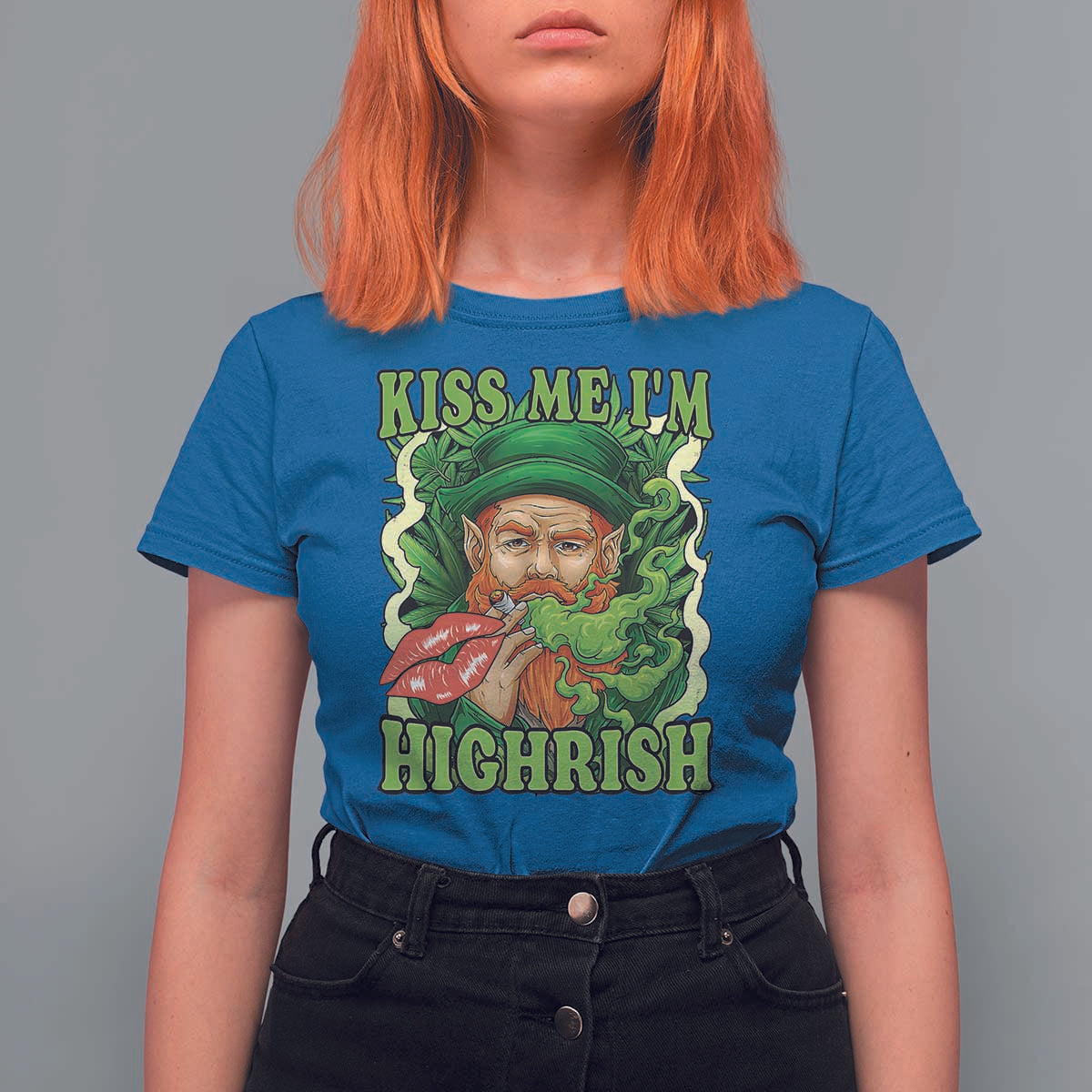 Funny St Patrick's Day Cannabis Weed T Shirt For Women Kiss Me I'm Highrish Leprechaun