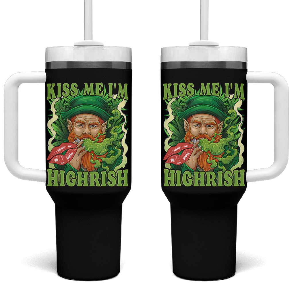 Funny St Patrick's Day Cannabis Weed Tumbler With Handle Kiss Me I'm Highrish Leprechaun