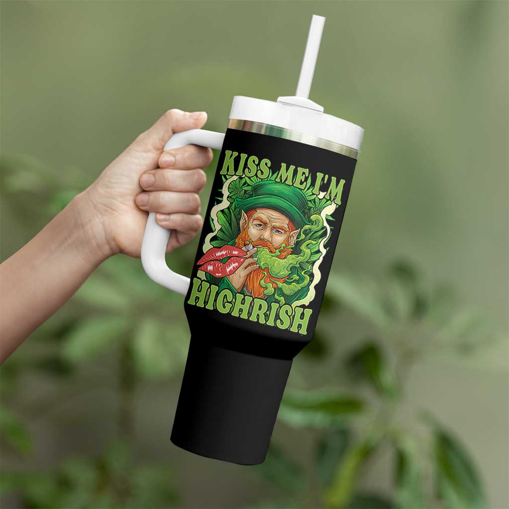 Funny St Patrick's Day Cannabis Weed Tumbler With Handle Kiss Me I'm Highrish Leprechaun