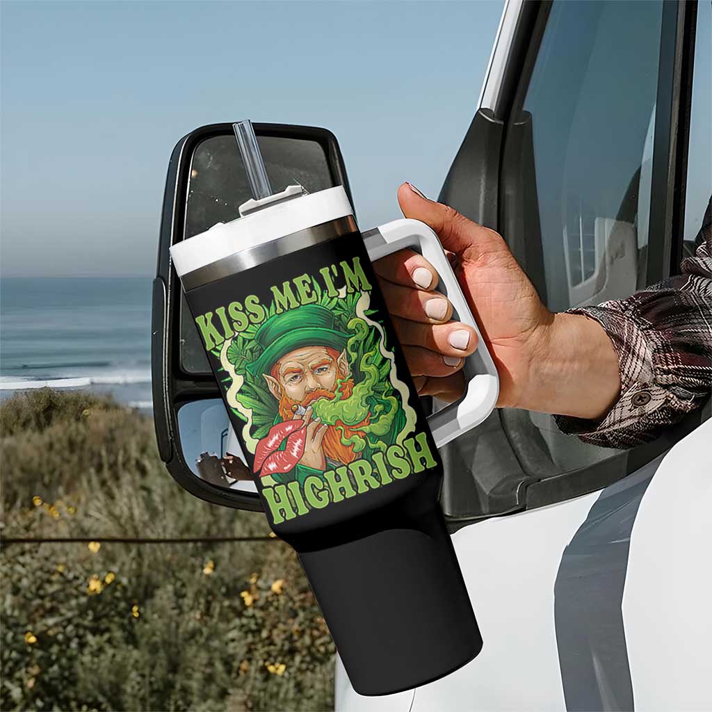 Funny St Patrick's Day Cannabis Weed Tumbler With Handle Kiss Me I'm Highrish Leprechaun